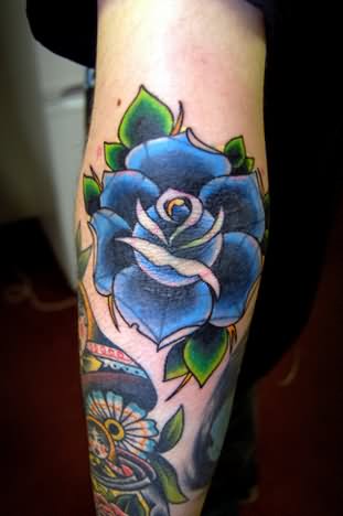 Traditional Blue Rose Tattoo Design For Elbow