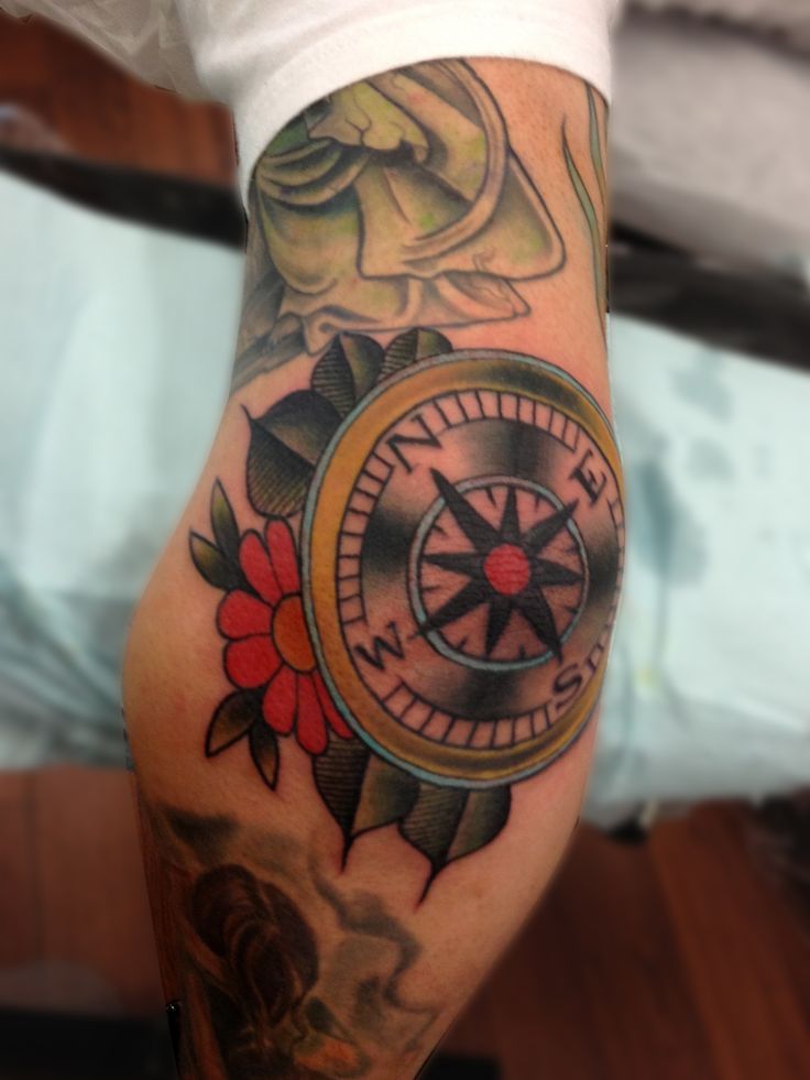 Traditional Compass With Flower Tattoo Design For Elbow