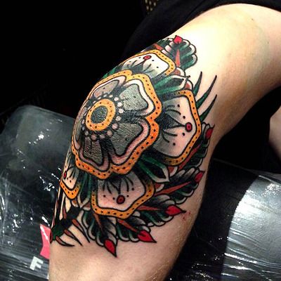 Traditional Flower Tattoo Design For Elbow