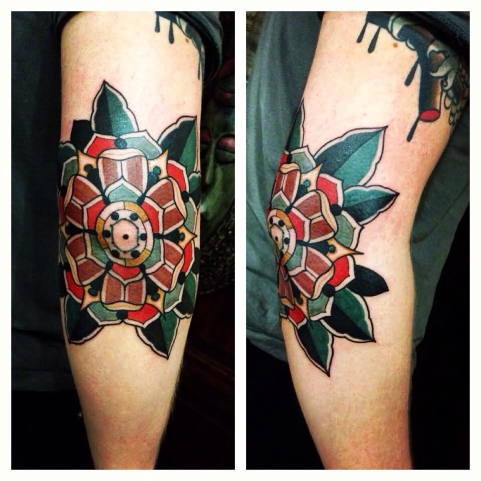 Traditional Flower Tattoo On Elbow
