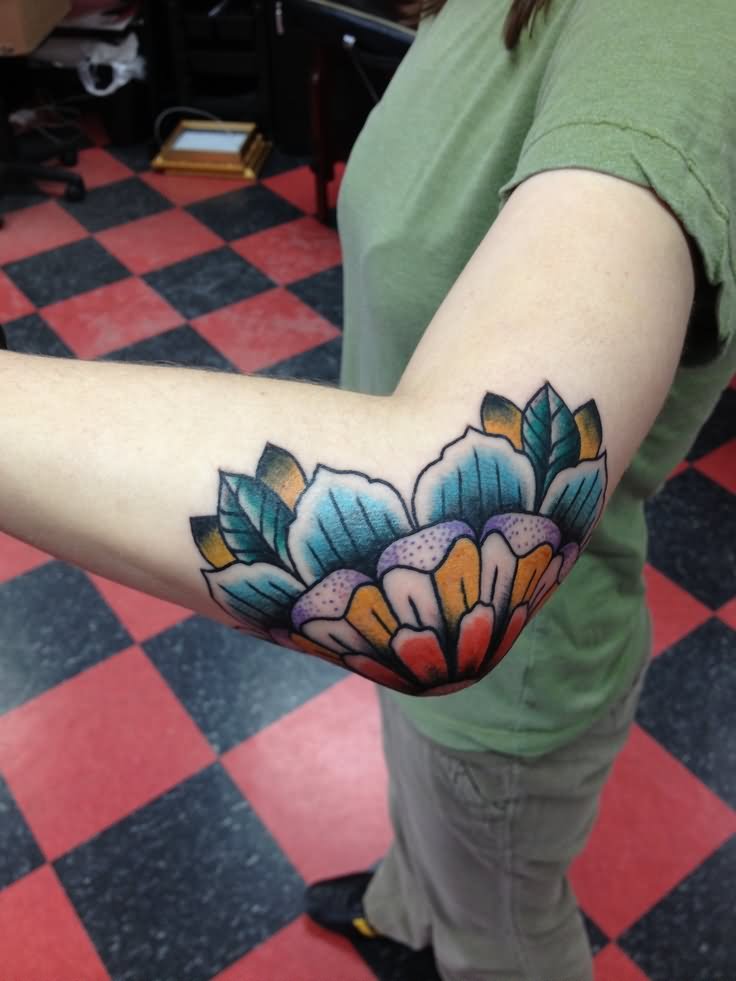 Traditional Flower Tattoo On Girl Left Elbow