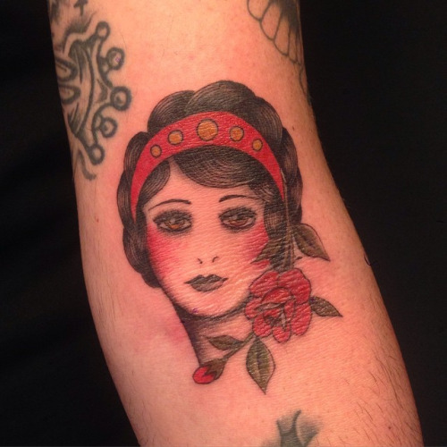Traditional Girl Face With Rose Tattoo Design For Elbow By Simone Mariotti