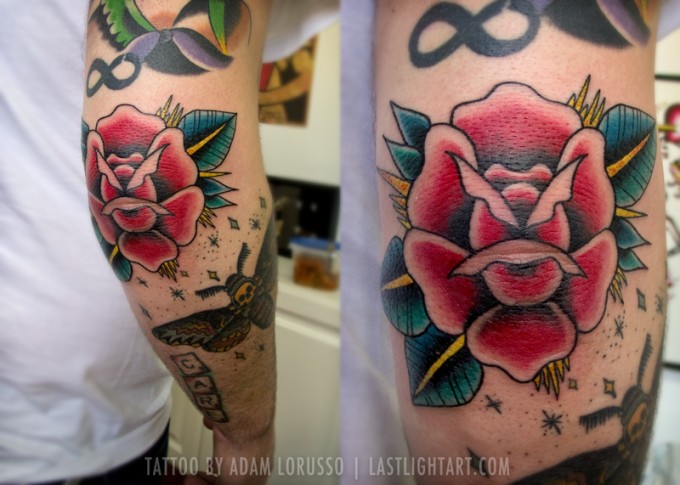 Traditional Rose Tattoo On Right Elbow