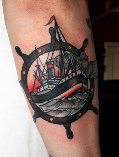 Traditional Ship In Sailor Wheel Tattoo Design For Elbow