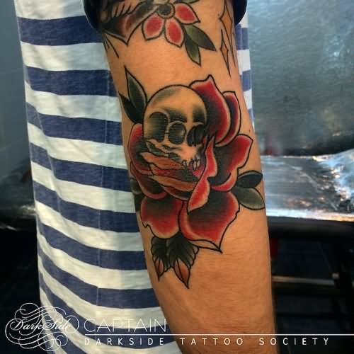 Traditional Skull In Rose On Right Elbow