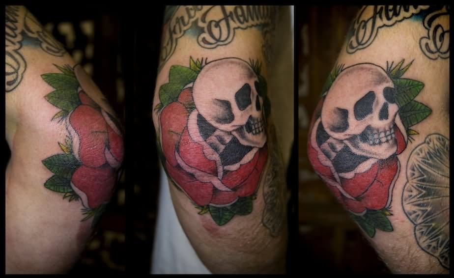 Traditional Skull In Rose Tattoo Design For Elbow