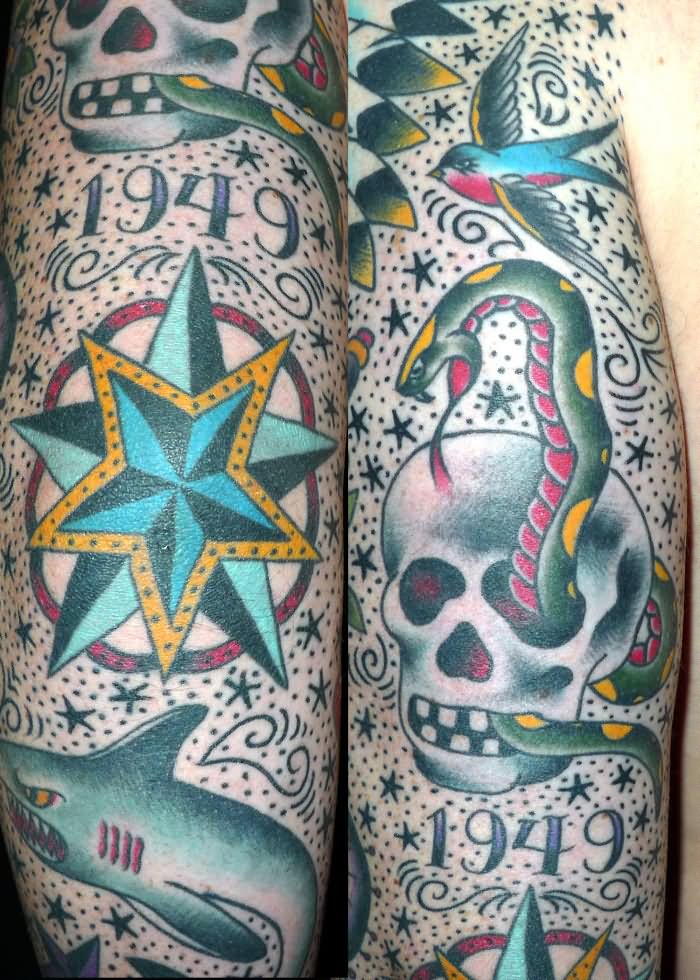 Traditional Snake In Skull And Nautical Star Tattoo Design For Elbow