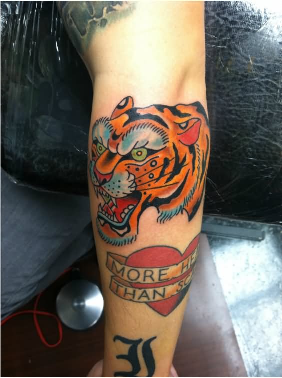 Traditional Tiger Face Tattoo Design For Elbow