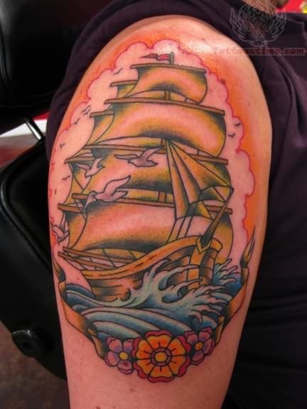 Traditional Viking Ship Tattoo On Half Sleeve