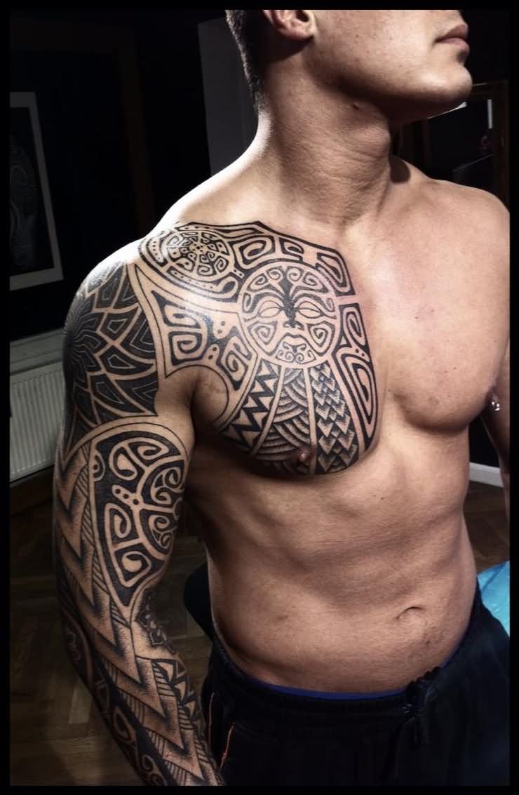 Traditional Viking Tattoo On Front Shoulder And Sleeve by Peter Walrus Madsen