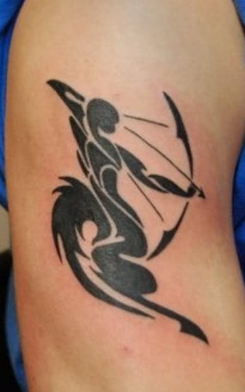 Tribal Black Sagittarius Tattoo On Half Sleeve
