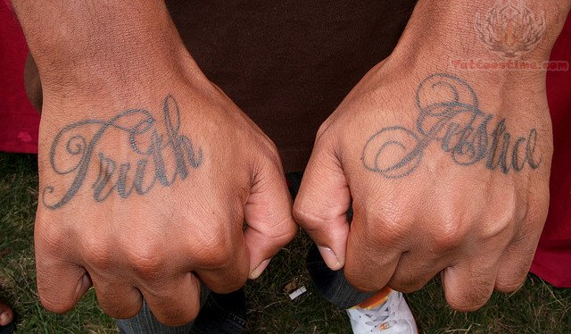 Truth And Justice Word Tattoo On Both Hand
