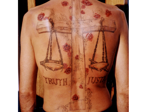 Truth Justice - Cross Justice Scale Tattoo On Full Back
