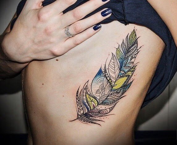 Unique Pigeon Feather Tattoo On Girl Side Rib