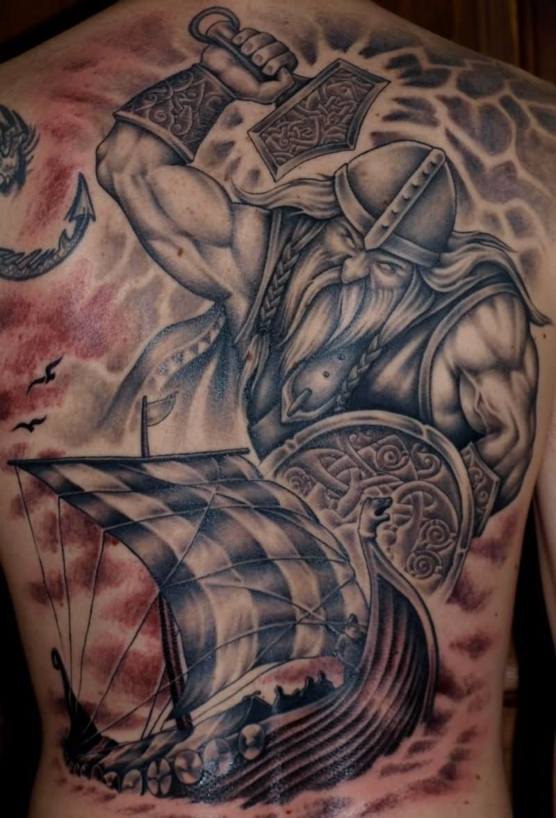 Viking Ship And Warrior Tattoo On Full Back