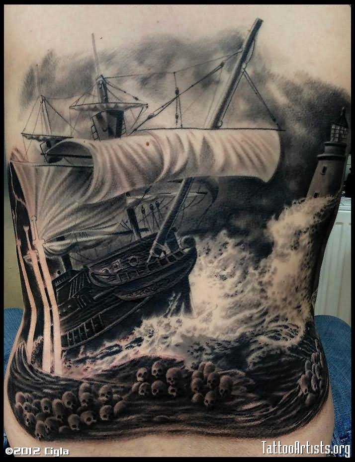 Viking Ship In Storm Tattoo On Full Back