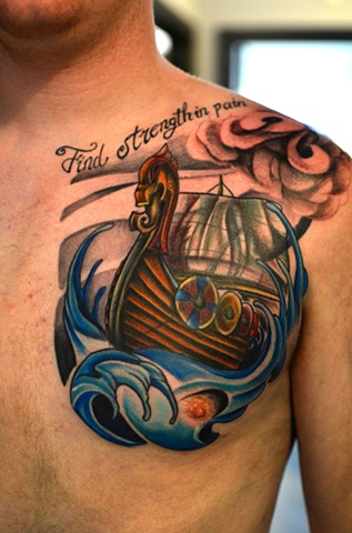Viking Ship Tattoo On Front Shoulder