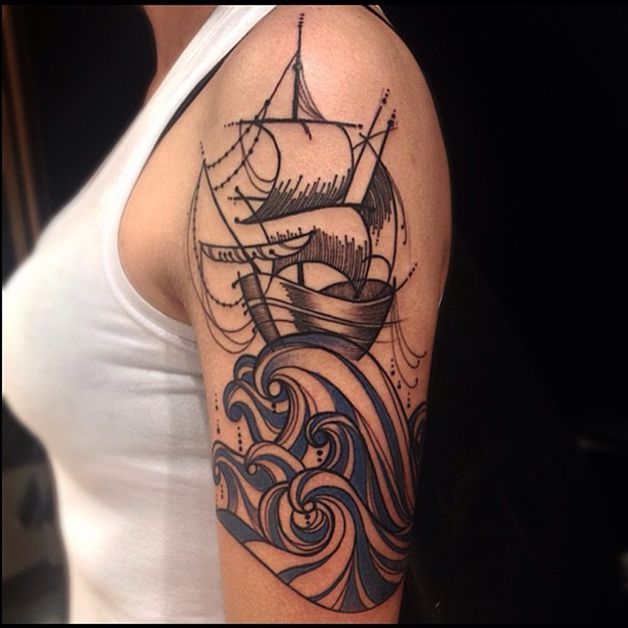 Viking Ship Tattoo On Girl Left Half Sleeve