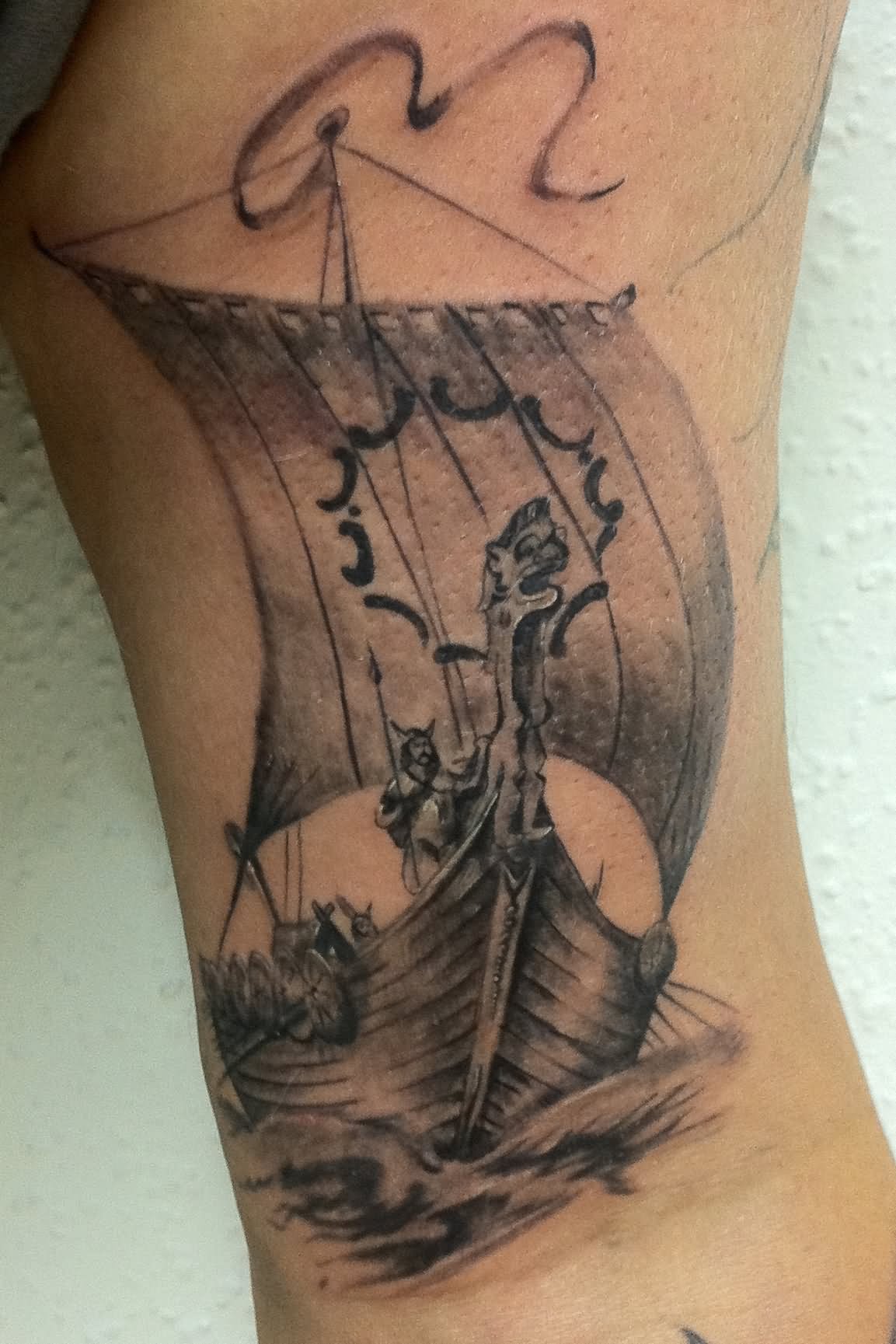 Viking Ship Tattoo On Inner Bicep by Radutattoo