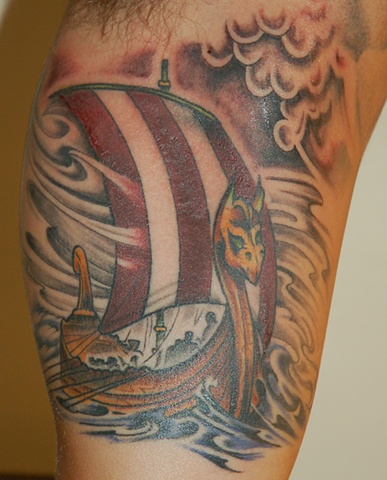 Viking Ship Tattoo On Inner Biceps