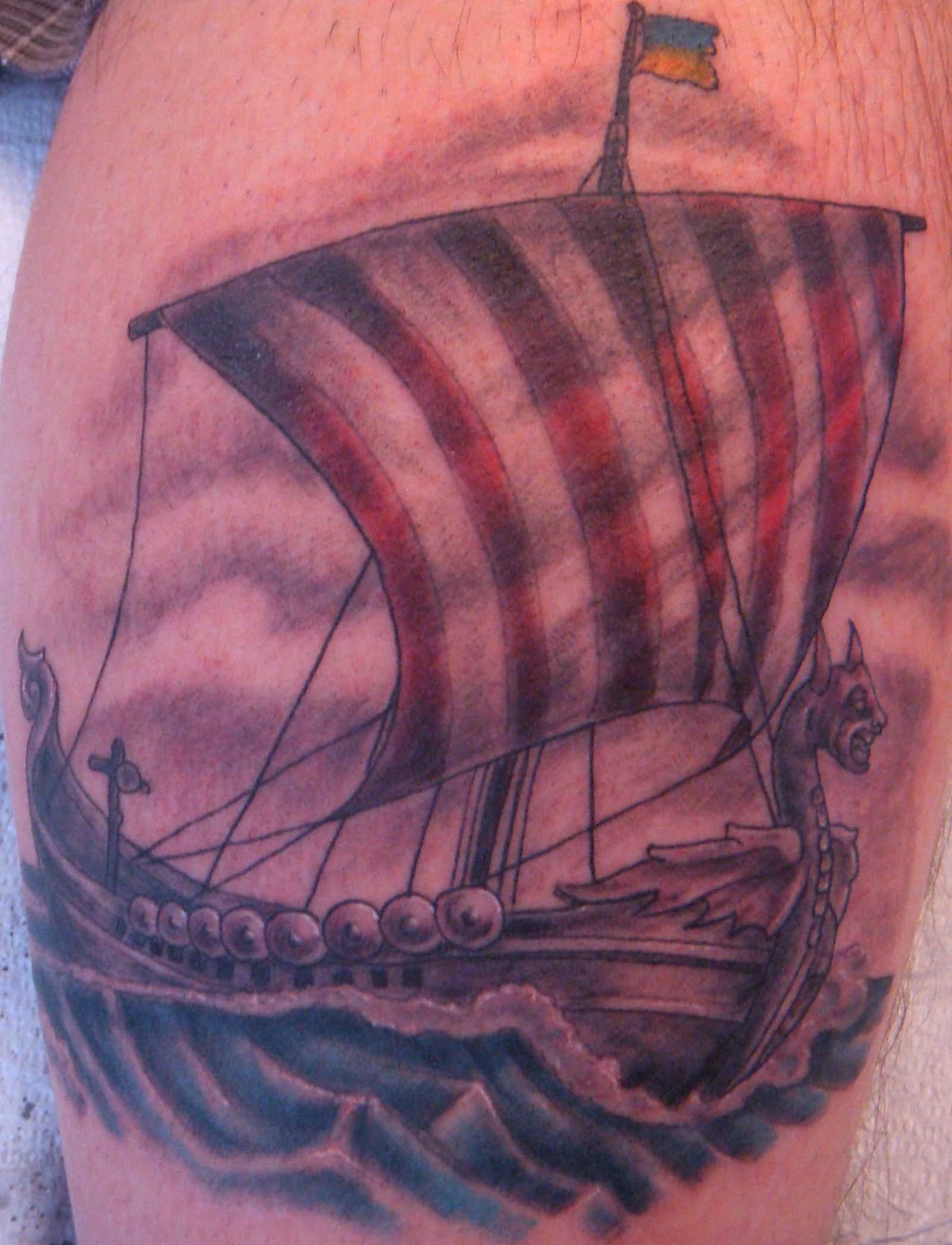 Viking Ship Tattoo On Leg Sleeve