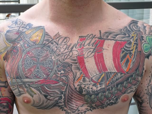 Viking Ship Tattoo On Man Chest