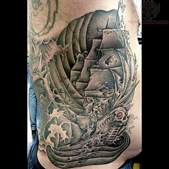 Viking Ship Tattoo On Man Side Rib