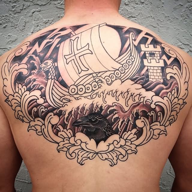 Viking Ship Tattoo On Upper Back by Shannon Nordin