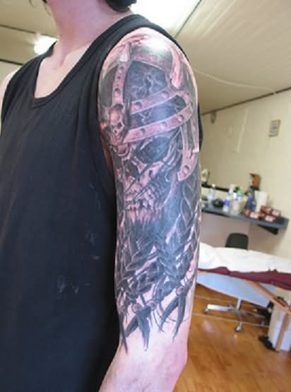 Viking Skull Tattoo On Left Half Sleeve