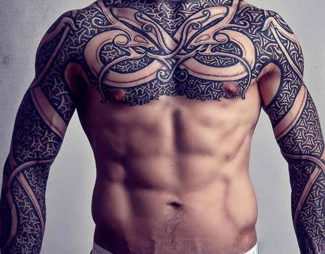 Viking Tattoo On Chest And Both Sleeves