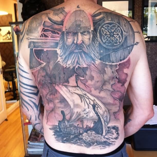Warrior Viking Head And Viking Ship Tattoo On Full Back
