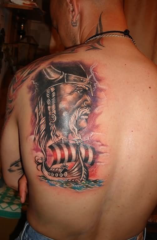 Warrior Viking Ship Tattoo On Left Back Shoulder