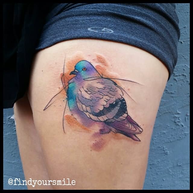 Watercolor Pigeon Tattoo On Thigh