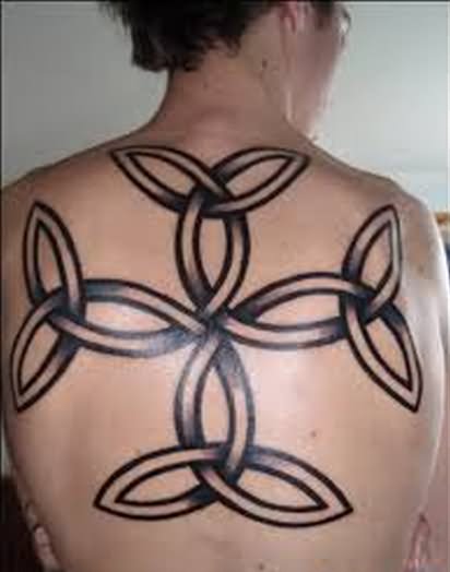 Wonderful Black Ink Celtic Knot Tattoo On Upper Back