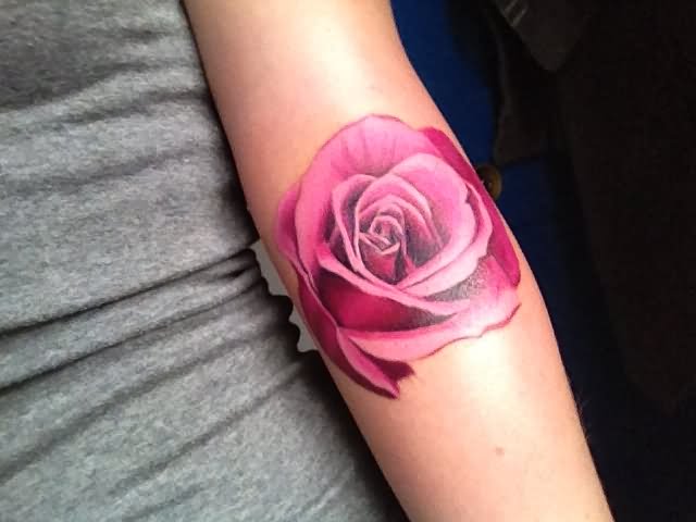 3D Pink Rose Tattoo On Inside Elbow