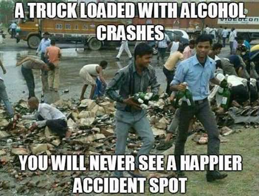 A Truck Loaded With Alcohol Crashes Funny Meme Picture For Whatsapp