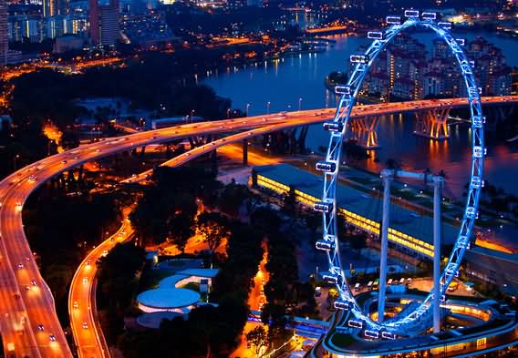 Adorable Air View Of Singapore Flyer At Night