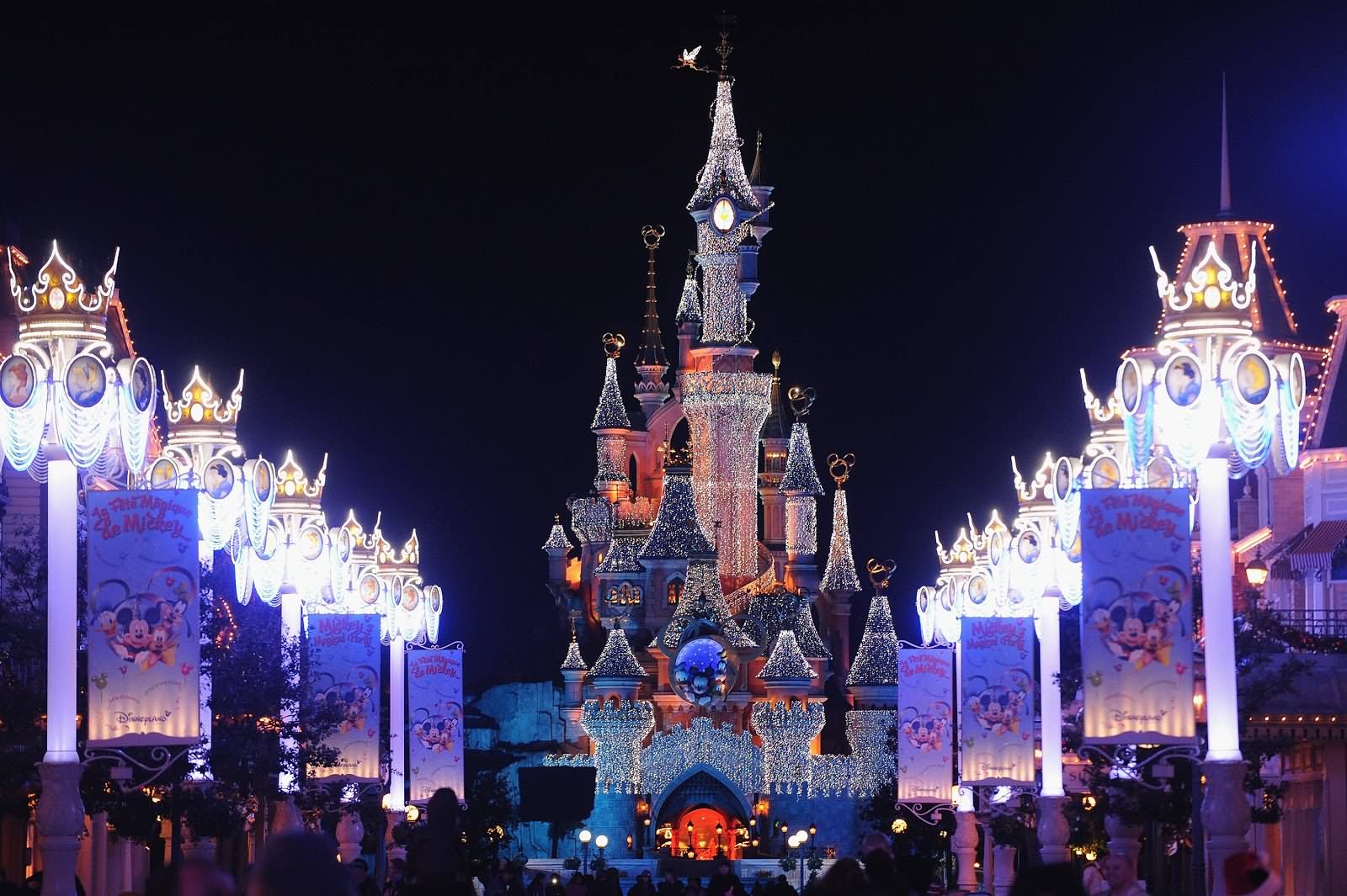 Adorable Lighting On Main Street And Disneyland Paris Castle At Night