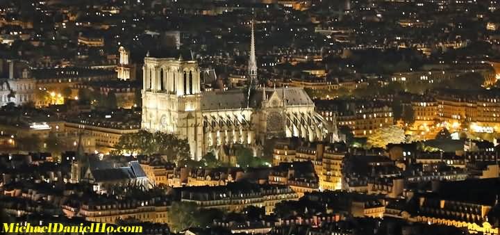 Aerial Night View Notre Dame de Paris