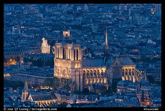 Aerial Night View Of Notre Dame de Paris