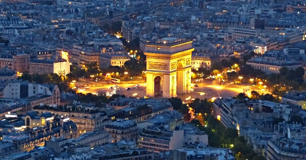 Aerial View Of Streets And Arc de Triomphe At Night
