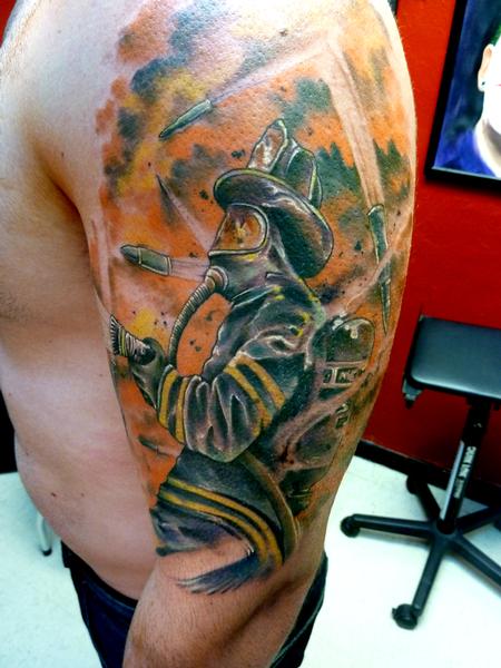 Amazing Firefighter Tattoo On Left Half Sleeve
