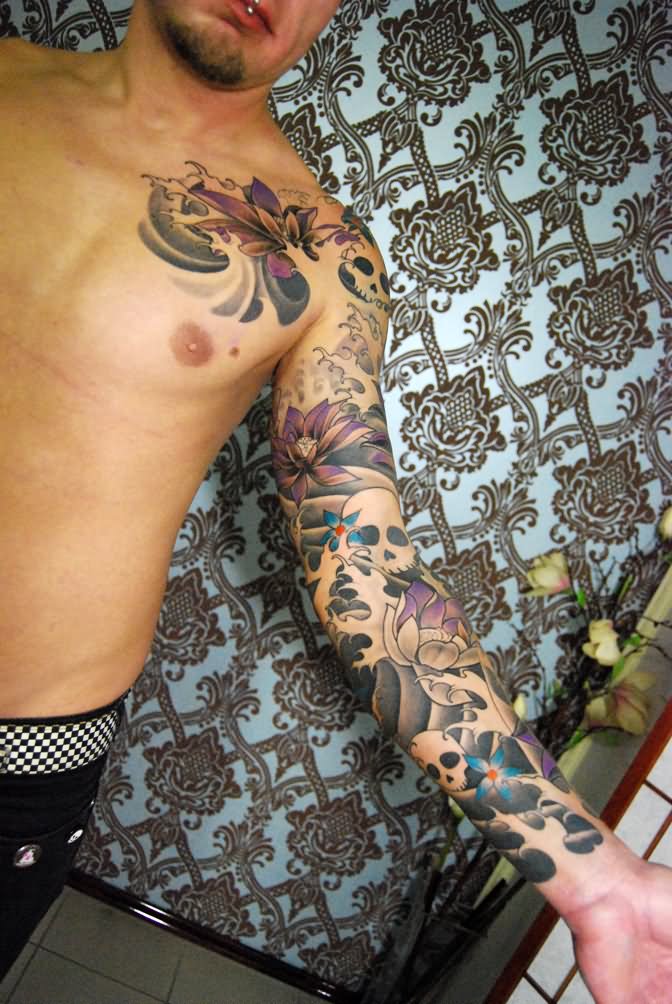 Amazing Floral With Skull Tattoo On Man Left Full Sleeve