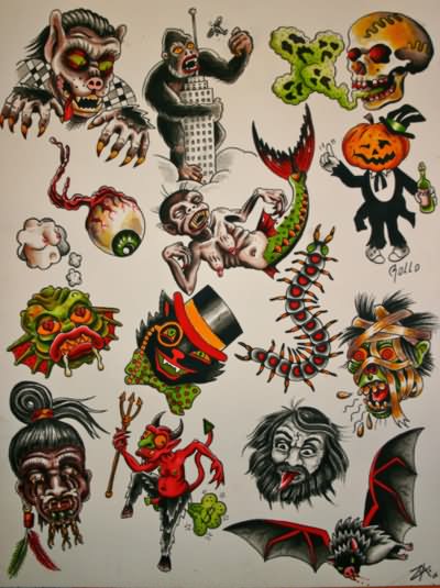 Attractive Traditional Halloween Tattoo Flash