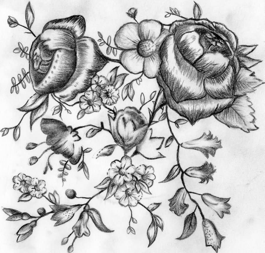 Awesome Black Ink Floral Tattoo Design