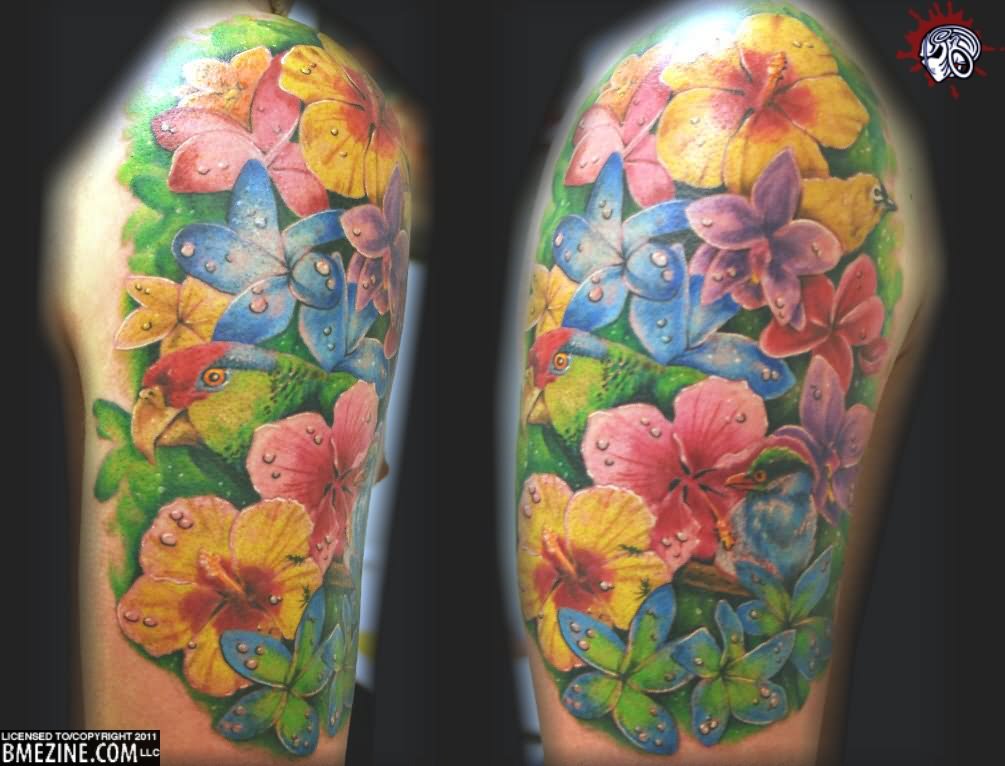 Awesome Colorful Floral Tattoo Design For Shoulder