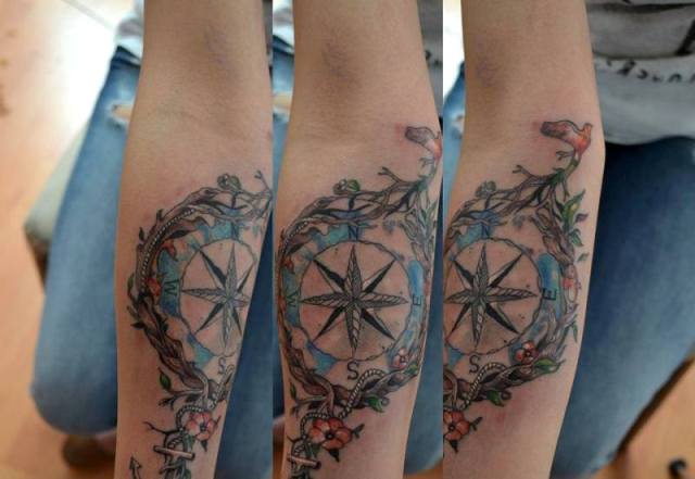 Awesome Compass Tattoo Design For Elbow