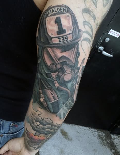 Awesome Firefighter Tattoo On Right Full Sleeve