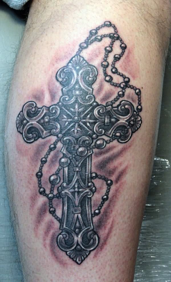 Awesome Memorial Rosary Cross Tattoo Design For Leg Calf