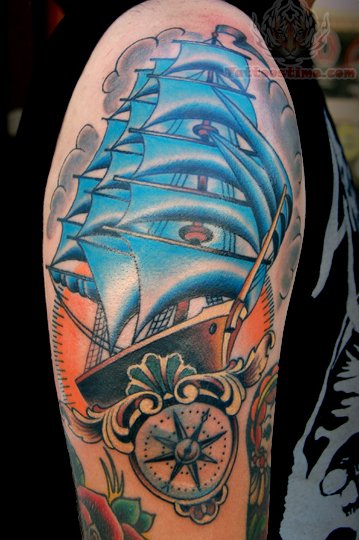 Awesome Sailor Ship With Compass Tattoo On Right Half Sleeve